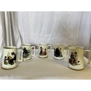Norman Rockwell Museum Collectables Coffee Mugs Cups Gold Trim Set Of 5